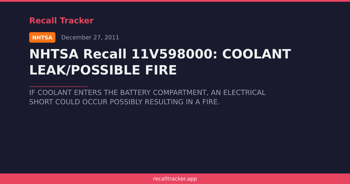 NHTSA Recall 11V598000: COOLANT LEAK/POSSIBLE FIRE | Recall Tracker