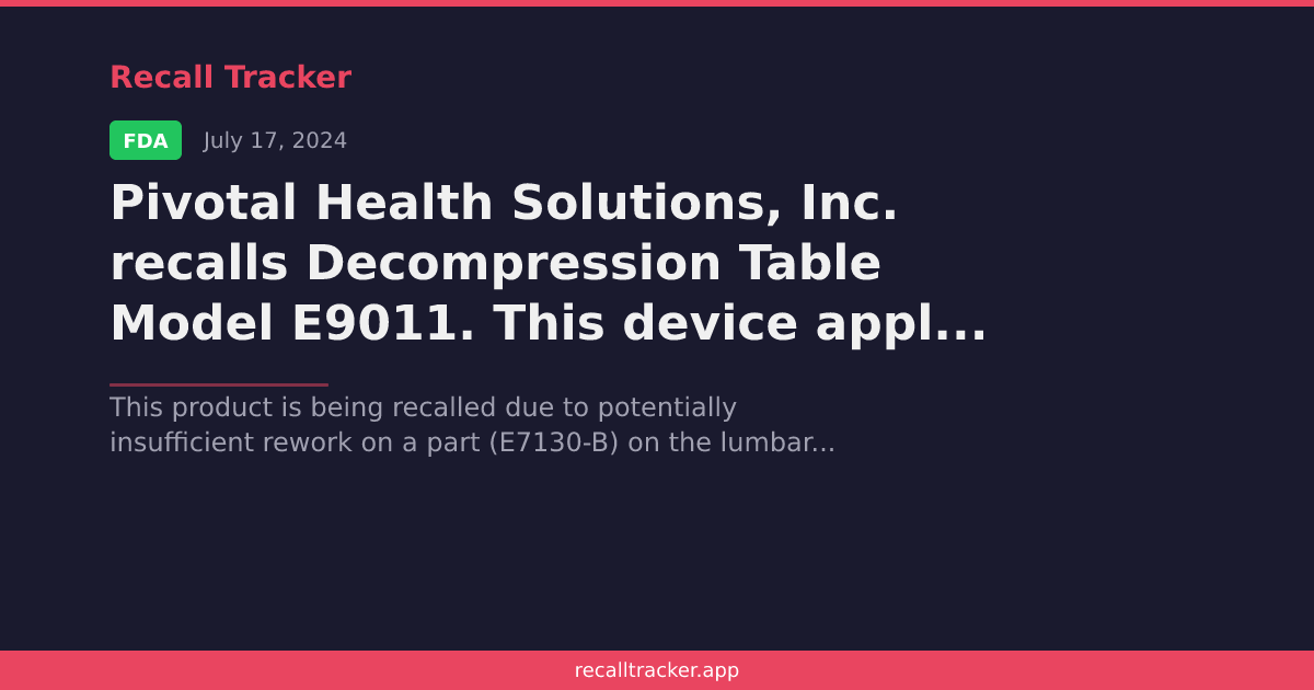 Pivotal Health Solutions, Inc. recalls Decompression Table Model E9011 ...